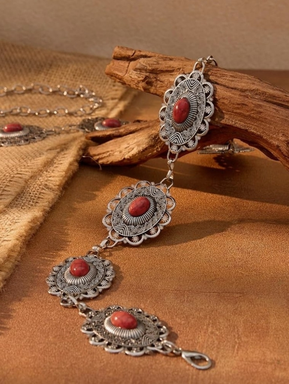 Silver Metal Concho Chain Belt with Red Stone Accents Adjustable Size